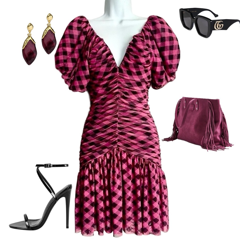 Miss Selfridge Pink Checkered Mesh Fit And Flare Dress 6 - Picture 2 of 16